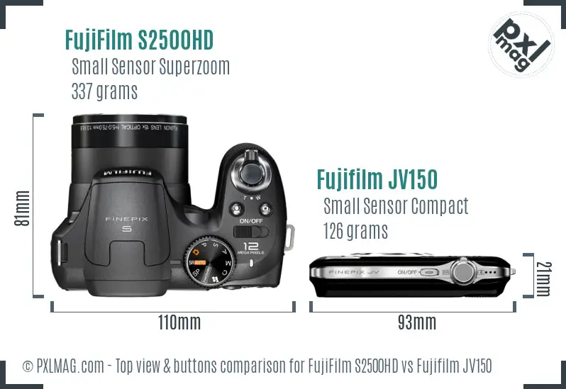 FujiFilm S2500HD vs Fujifilm JV150 top view buttons comparison