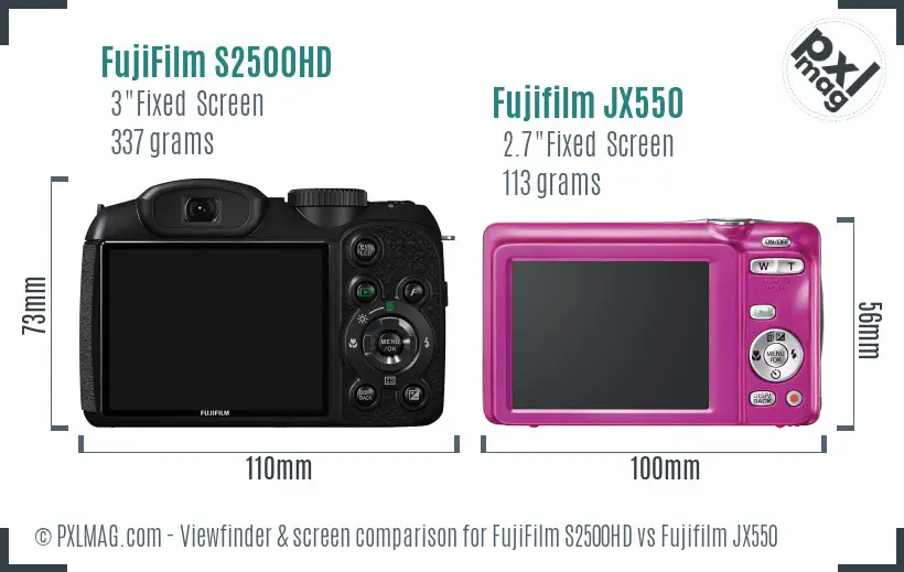 FujiFilm S2500HD vs Fujifilm JX550 Screen and Viewfinder comparison