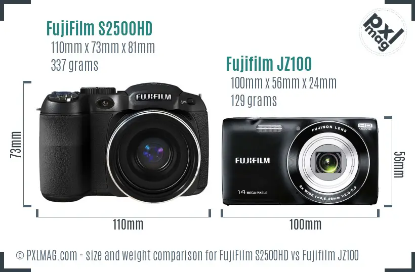 FujiFilm S2500HD vs Fujifilm JZ100 size comparison FujiFilm S2500HD vs Fujifilm JZ100 size comparison