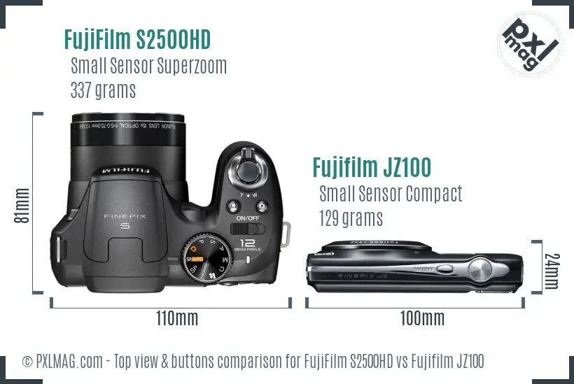 FujiFilm S2500HD vs Fujifilm JZ100 top view buttons comparison FujiFilm S2500HD vs Fujifilm JZ100 top view buttons comparison