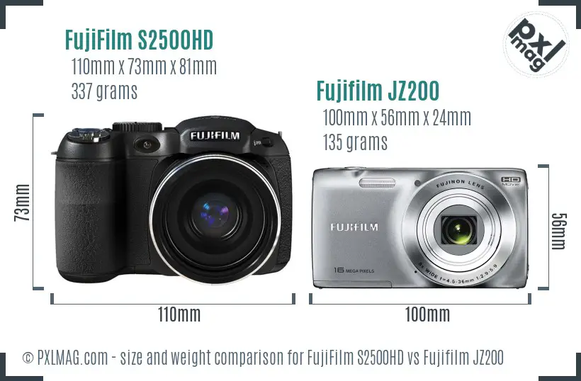 FujiFilm S2500HD vs Fujifilm JZ200 size comparison