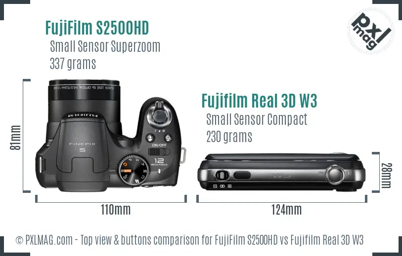 FujiFilm S2500HD vs Fujifilm Real 3D W3 top view buttons comparison