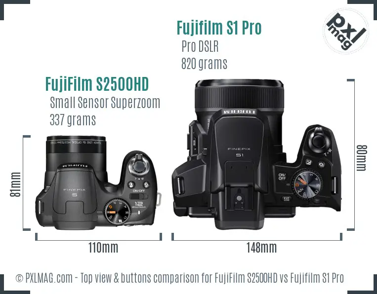 FujiFilm S2500HD vs Fujifilm S1 Pro top view buttons comparison