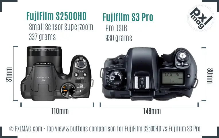 FujiFilm S2500HD vs Fujifilm S3 Pro top view buttons comparison