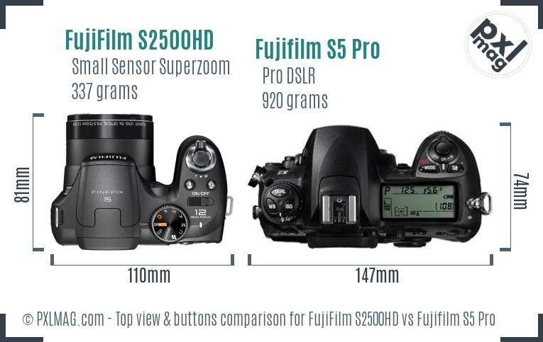 FujiFilm S2500HD vs Fujifilm S5 Pro top view buttons comparison