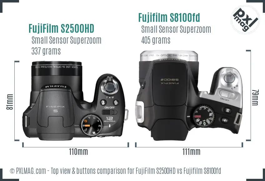 FujiFilm S2500HD vs Fujifilm S8100fd top view buttons comparison