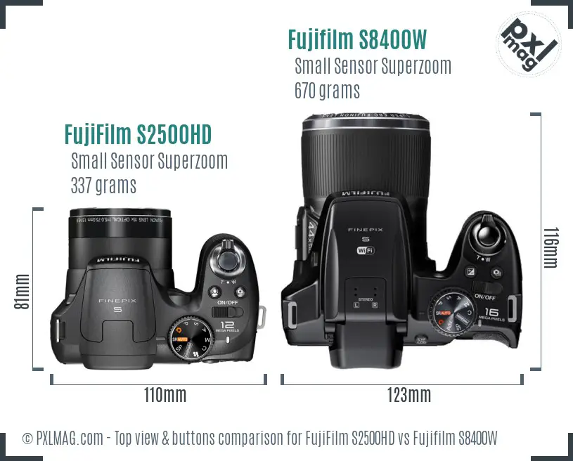 FujiFilm S2500HD vs Fujifilm S8400W top view buttons comparison