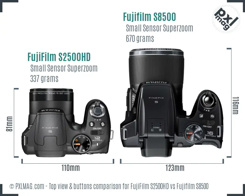 FujiFilm S2500HD vs Fujifilm S8500 top view buttons comparison