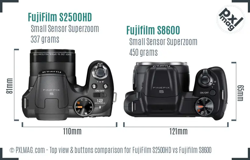 FujiFilm S2500HD vs Fujifilm S8600 top view buttons comparison