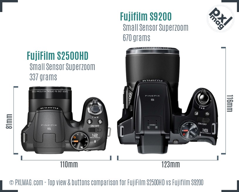 FujiFilm S2500HD vs Fujifilm S9200 top view buttons comparison