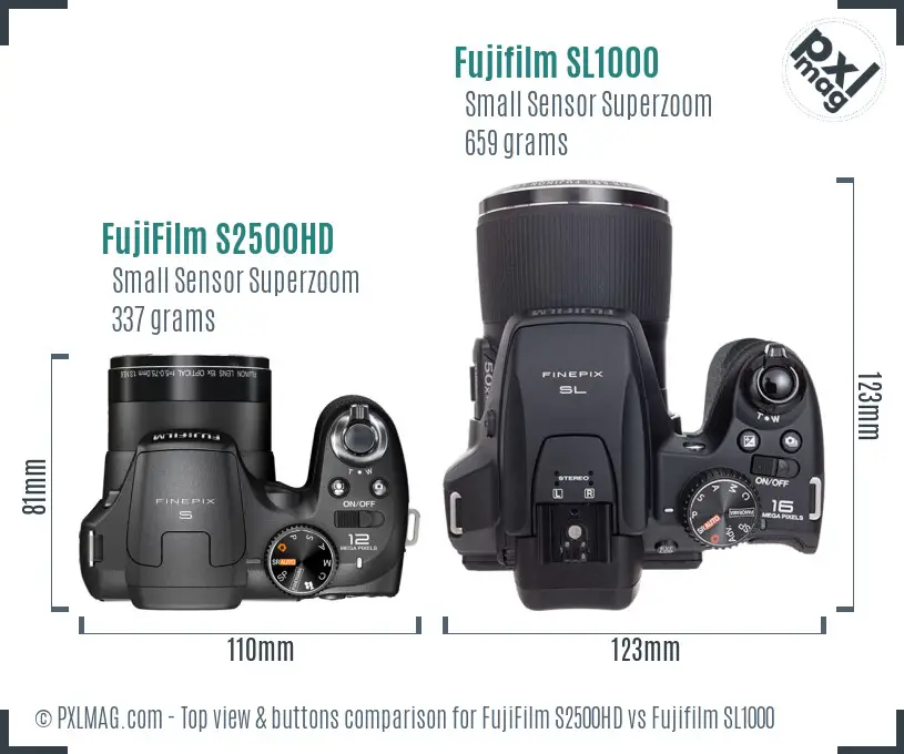 FujiFilm S2500HD vs Fujifilm SL1000 top view buttons comparison FujiFilm S2500HD vs Fujifilm SL1000 top view buttons comparison