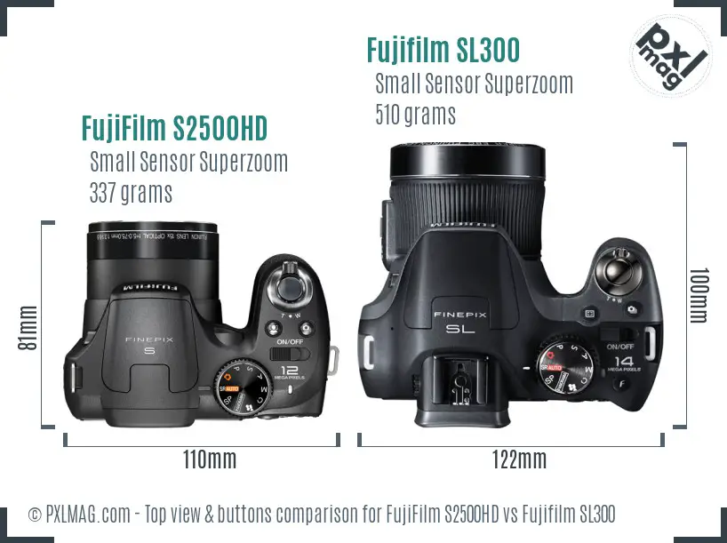 FujiFilm S2500HD vs Fujifilm SL300 top view buttons comparison FujiFilm S2500HD vs Fujifilm SL300 top view buttons comparison