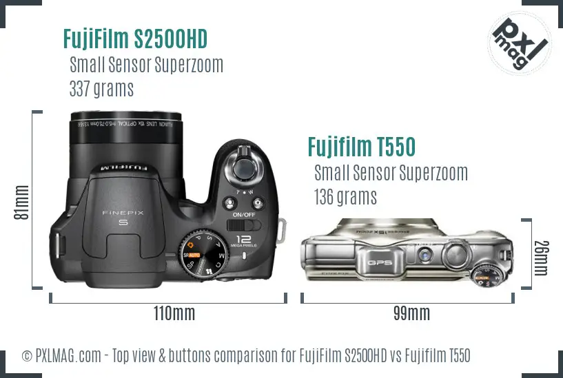 FujiFilm S2500HD vs Fujifilm T550 top view buttons comparison