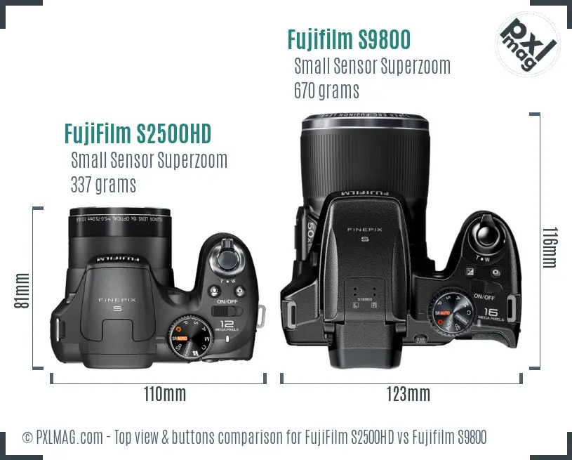 FujiFilm S2500HD vs Fujifilm S9800 top view buttons comparison FujiFilm S2500HD vs Fujifilm S9800 top view buttons comparison