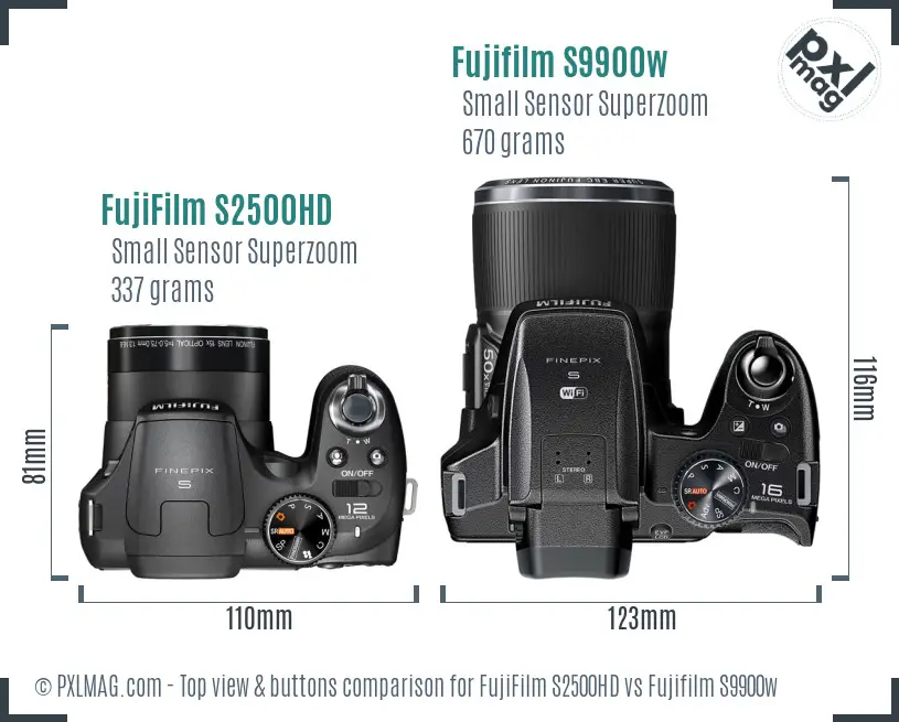 FujiFilm S2500HD vs Fujifilm S9900w top view buttons comparison FujiFilm S2500HD vs Fujifilm S9900w top view buttons comparison