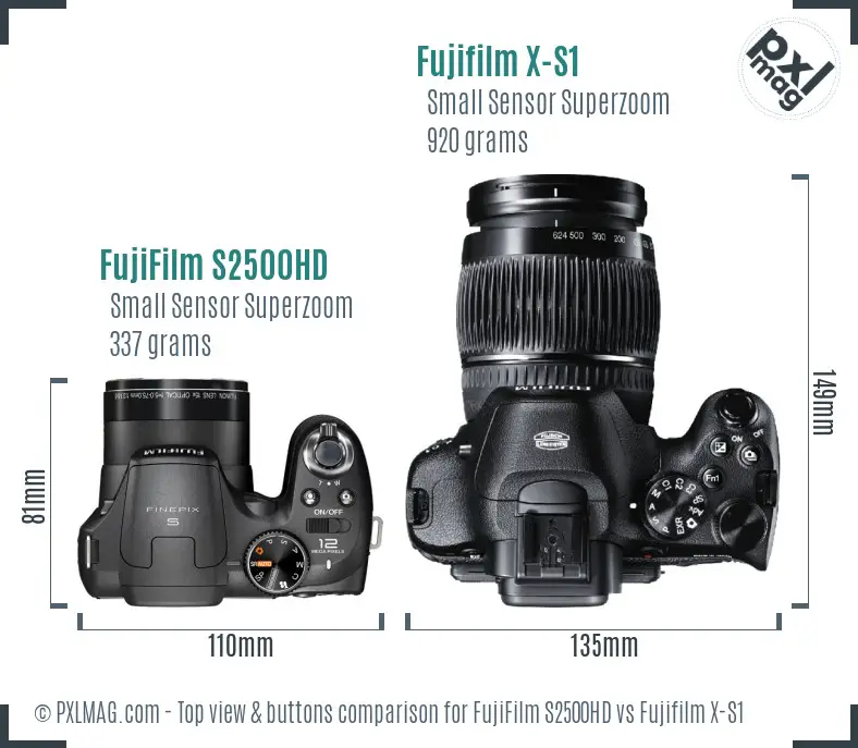 FujiFilm S2500HD vs Fujifilm X-S1 top view buttons comparison
