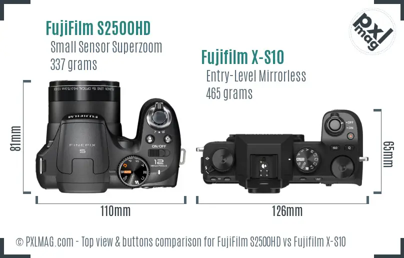 FujiFilm S2500HD vs Fujifilm X-S10 top view buttons comparison FujiFilm S2500HD vs Fujifilm X-S10 top view buttons comparison