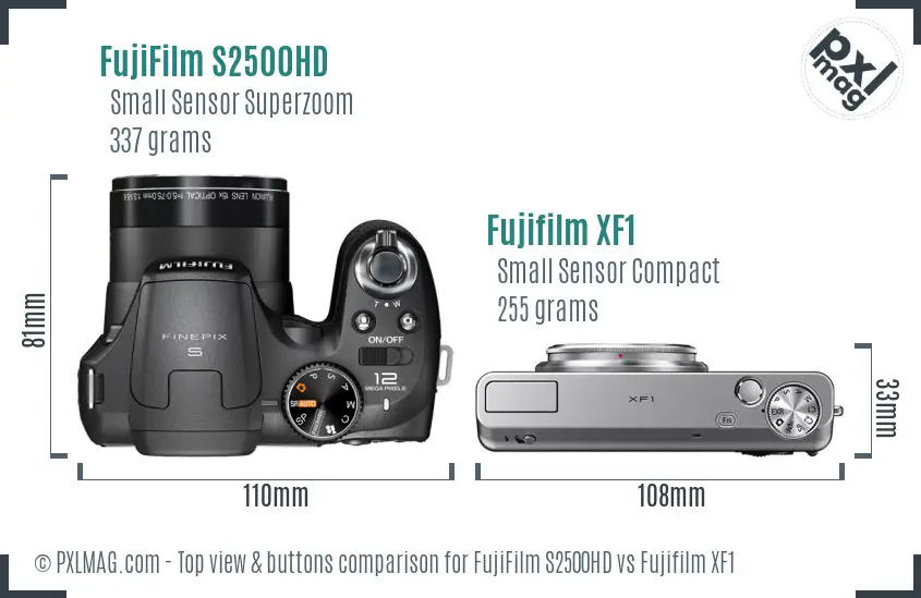 FujiFilm S2500HD vs Fujifilm XF1 top view buttons comparison