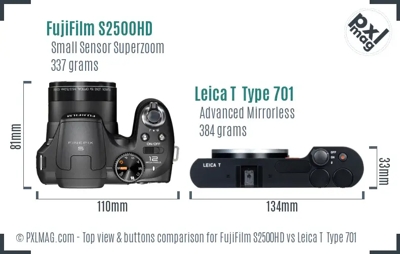 FujiFilm S2500HD vs Leica T  Type 701 top view buttons comparison