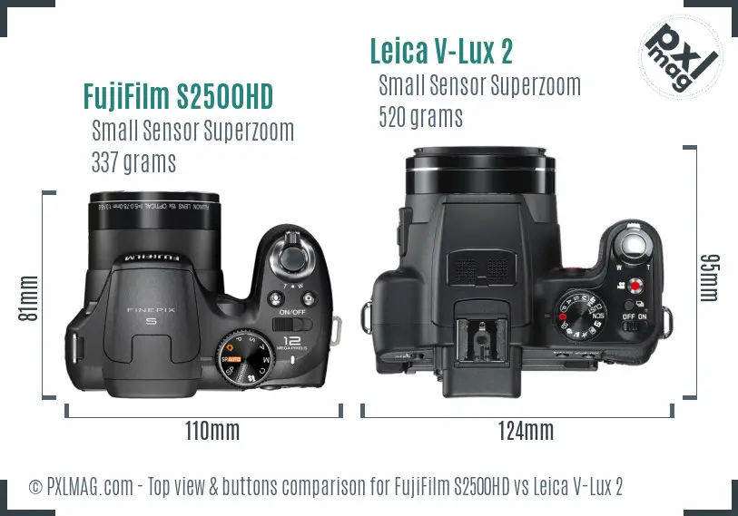 FujiFilm S2500HD vs Leica V-Lux 2 top view buttons comparison