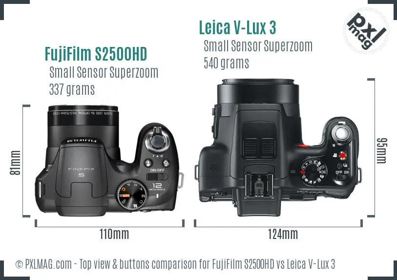 FujiFilm S2500HD vs Leica V-Lux 3 top view buttons comparison