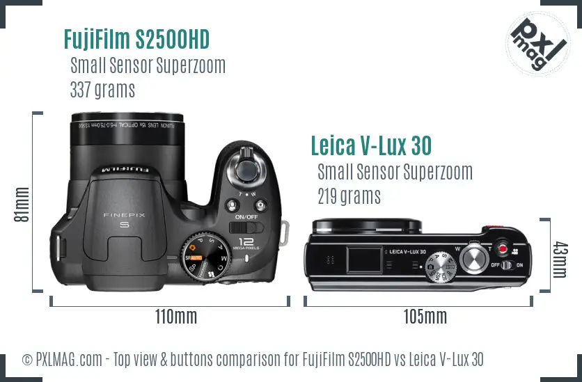 FujiFilm S2500HD vs Leica V-Lux 30 top view buttons comparison