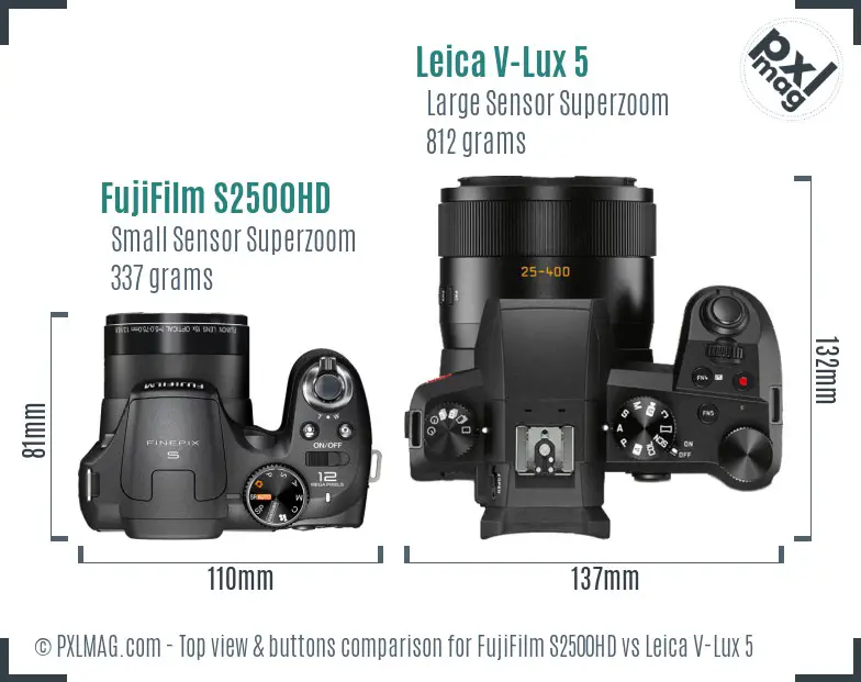 FujiFilm S2500HD vs Leica V-Lux 5 top view buttons comparison