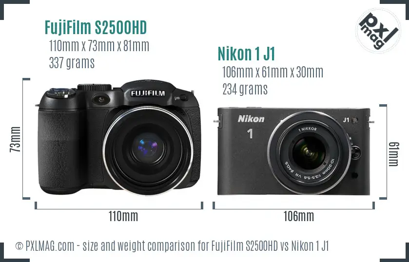FujiFilm S2500HD vs Nikon 1 J1 size comparison
