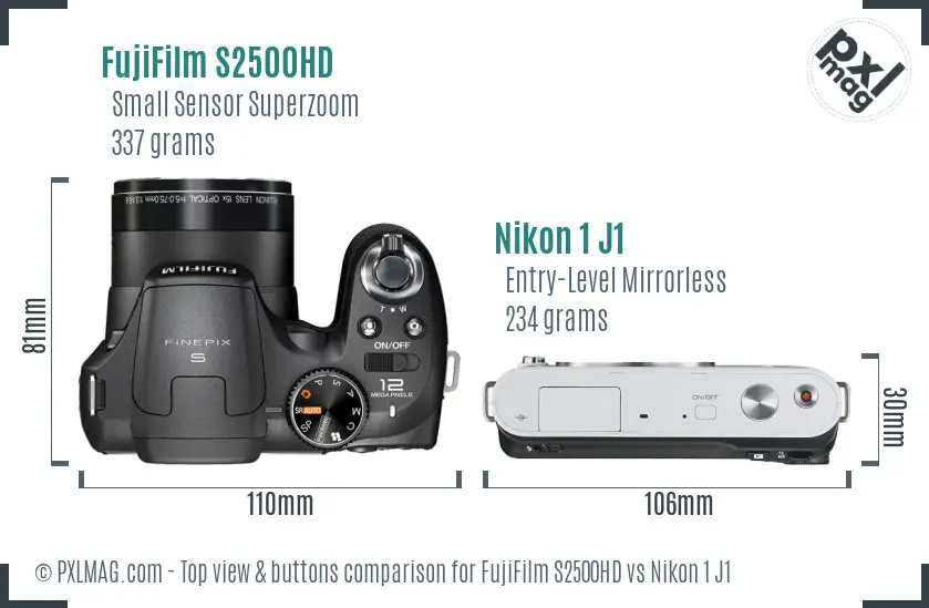 FujiFilm S2500HD vs Nikon 1 J1 top view buttons comparison