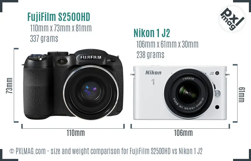 FujiFilm S2500HD vs Nikon 1 J2 size comparison