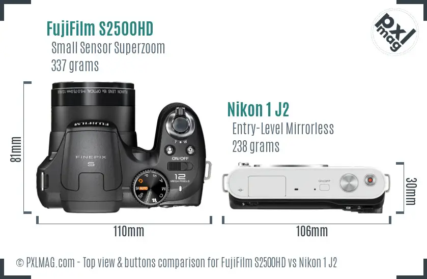 FujiFilm S2500HD vs Nikon 1 J2 top view buttons comparison