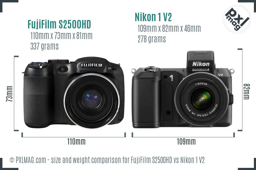 FujiFilm S2500HD vs Nikon 1 V2 size comparison