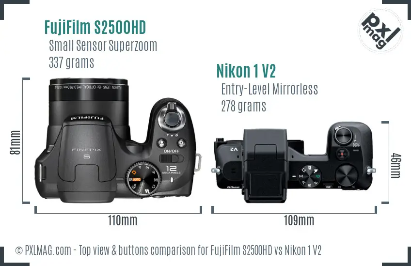FujiFilm S2500HD vs Nikon 1 V2 top view buttons comparison