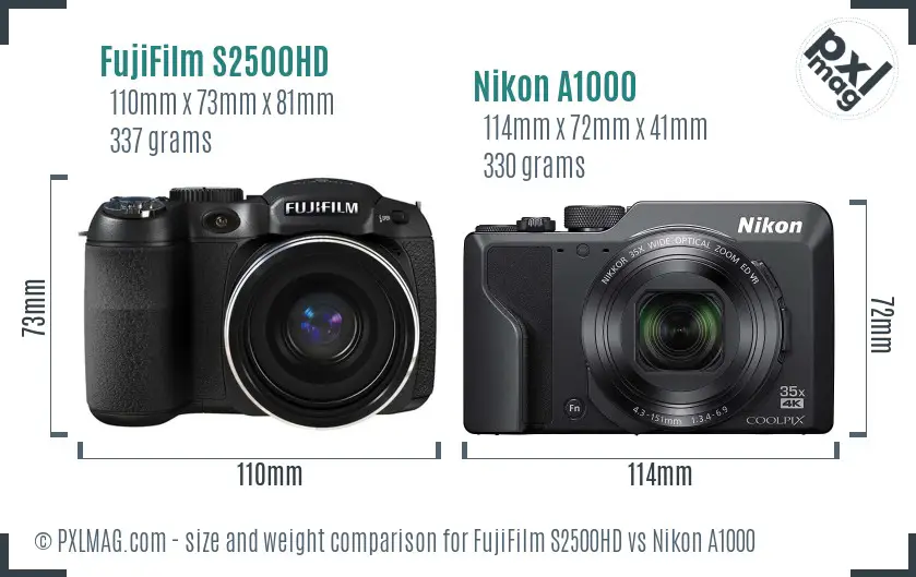 FujiFilm S2500HD vs Nikon A1000 size comparison FujiFilm S2500HD vs Nikon A1000 size comparison