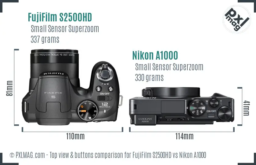 FujiFilm S2500HD vs Nikon A1000 top view buttons comparison FujiFilm S2500HD vs Nikon A1000 top view buttons comparison