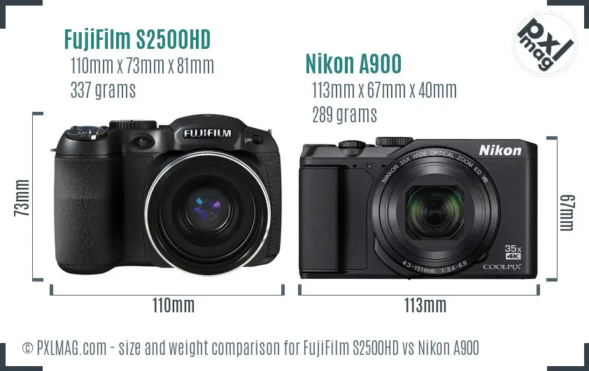 FujiFilm S2500HD vs Nikon A900 size comparison