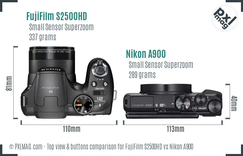 FujiFilm S2500HD vs Nikon A900 top view buttons comparison