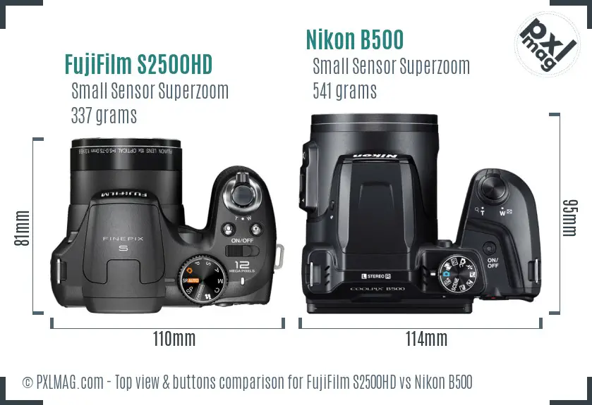 FujiFilm S2500HD vs Nikon B500 top view buttons comparison