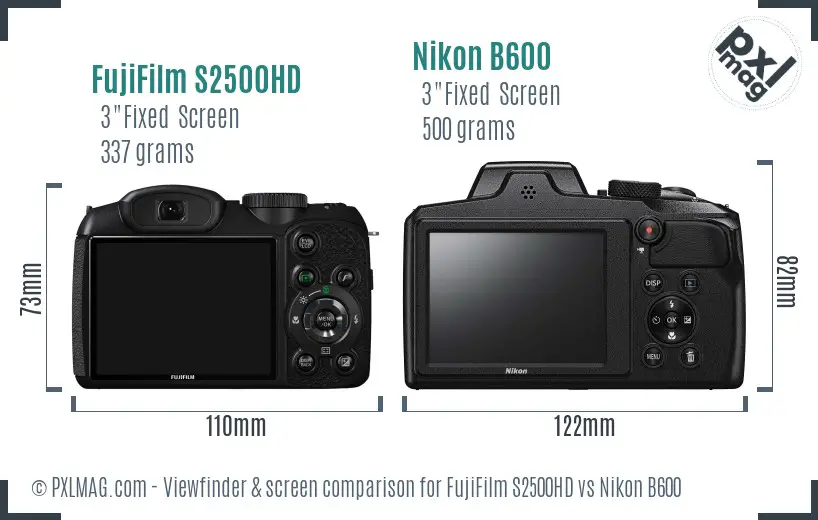 FujiFilm S2500HD vs Nikon B600 Screen and Viewfinder comparison