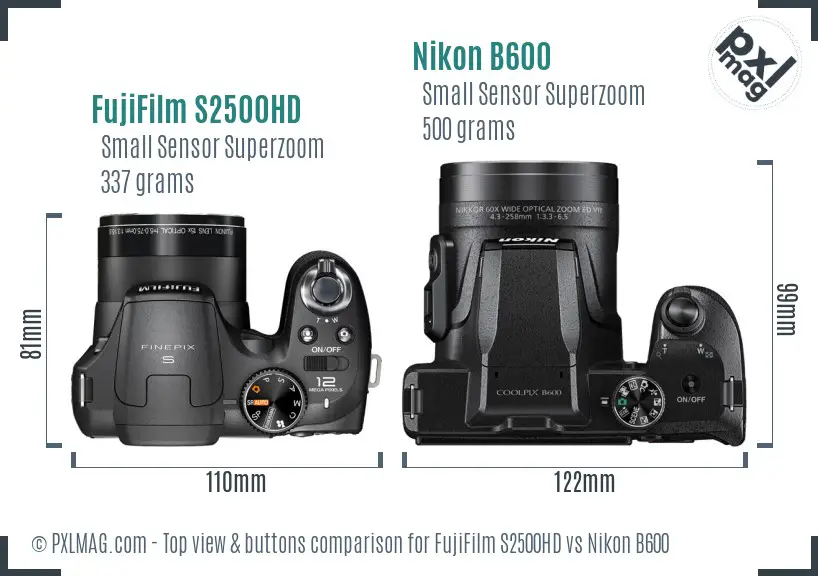 FujiFilm S2500HD vs Nikon B600 top view buttons comparison