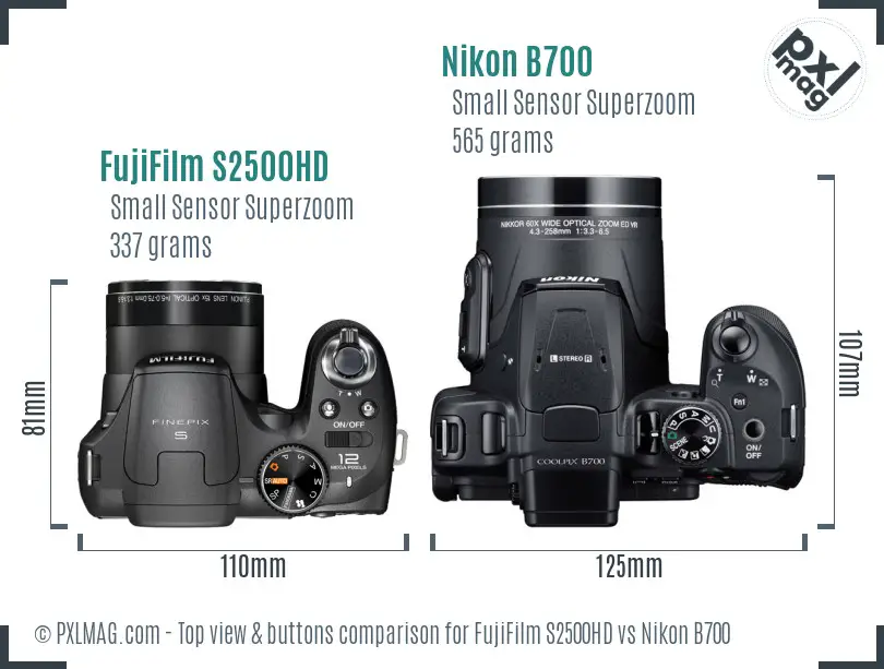 FujiFilm S2500HD vs Nikon B700 top view buttons comparison