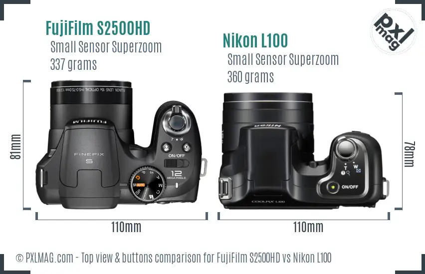 FujiFilm S2500HD vs Nikon L100 top view buttons comparison