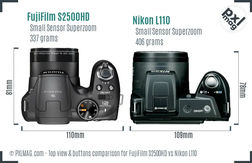 FujiFilm S2500HD vs Nikon L110 top view buttons comparison