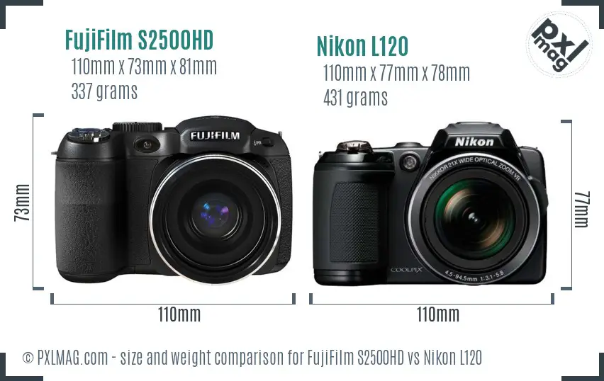 FujiFilm S2500HD vs Nikon L120 size comparison FujiFilm S2500HD vs Nikon L120 size comparison