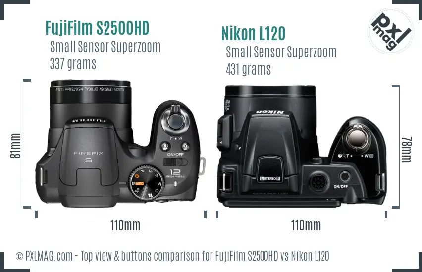 FujiFilm S2500HD vs Nikon L120 top view buttons comparison FujiFilm S2500HD vs Nikon L120 top view buttons comparison