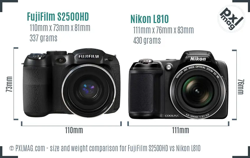 FujiFilm S2500HD vs Nikon L810 size comparison