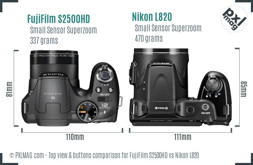 FujiFilm S2500HD vs Nikon L820 top view buttons comparison