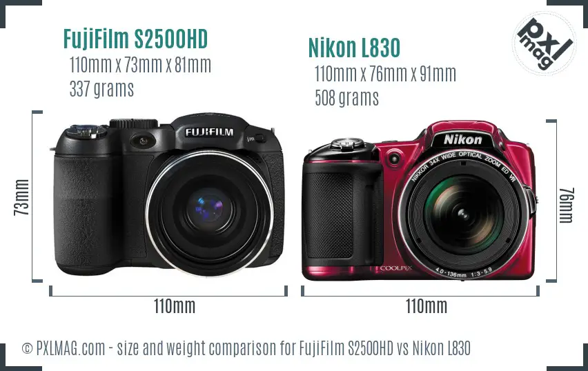 FujiFilm S2500HD vs Nikon L830 size comparison