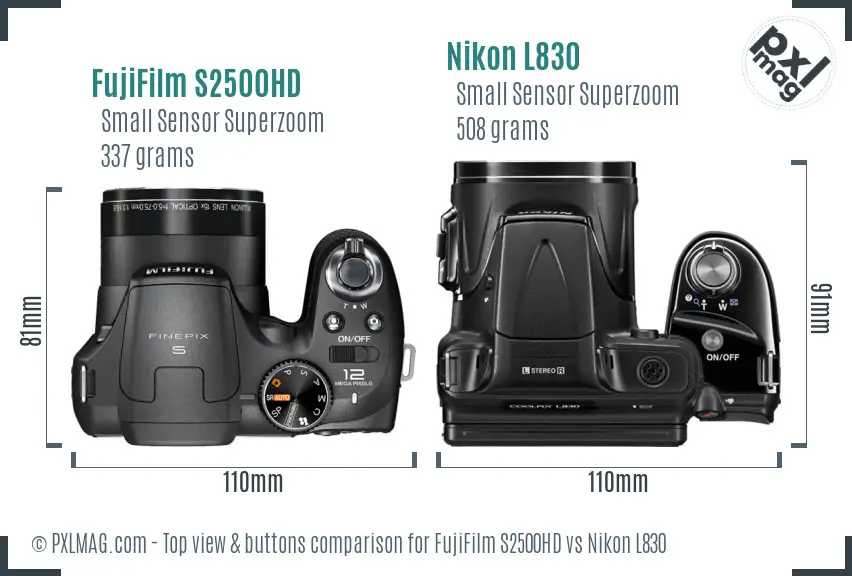 FujiFilm S2500HD vs Nikon L830 top view buttons comparison