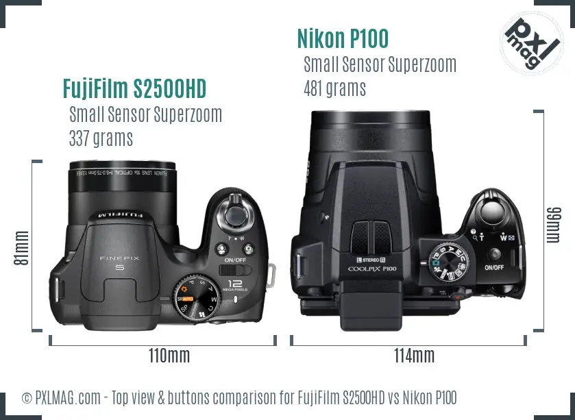 FujiFilm S2500HD vs Nikon P100 top view buttons comparison FujiFilm S2500HD vs Nikon P100 top view buttons comparison